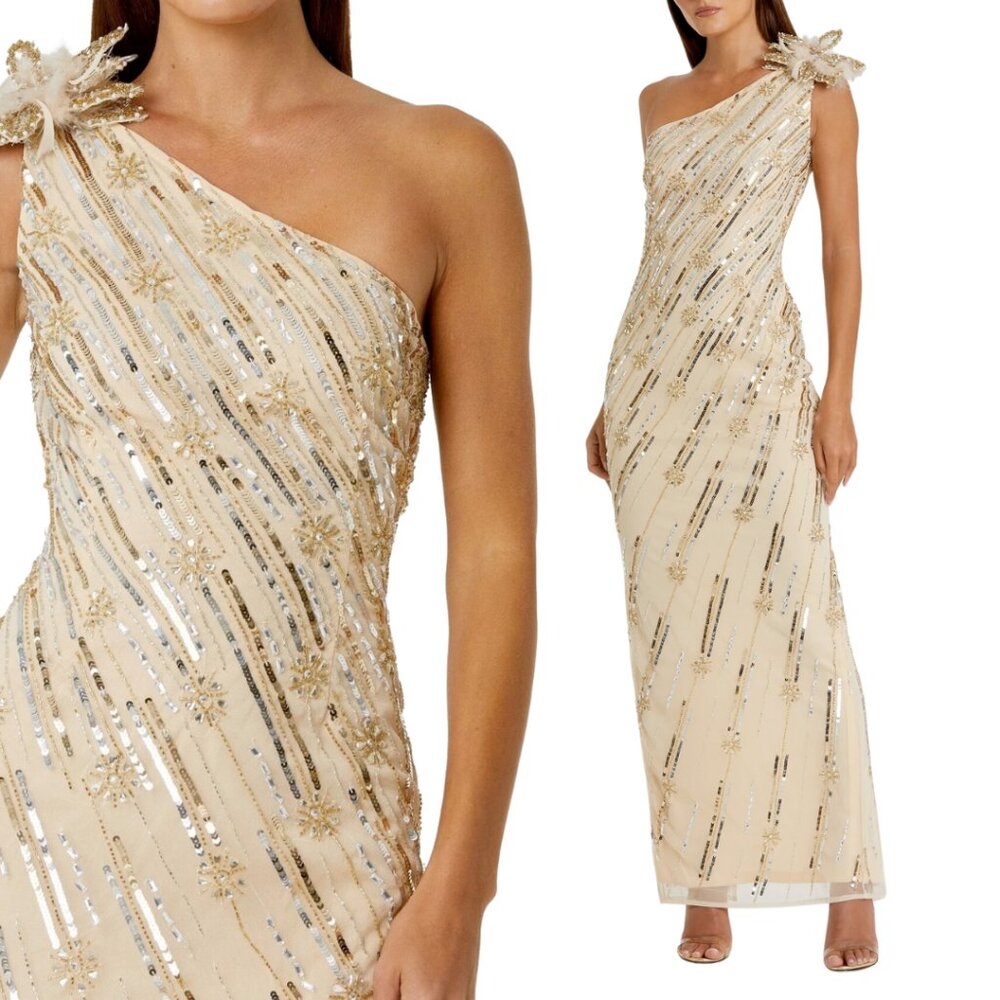 Mac Duggal 93739 Womens Size 6 Gold Floral One Shoulder Flower Gown Maxi Dress